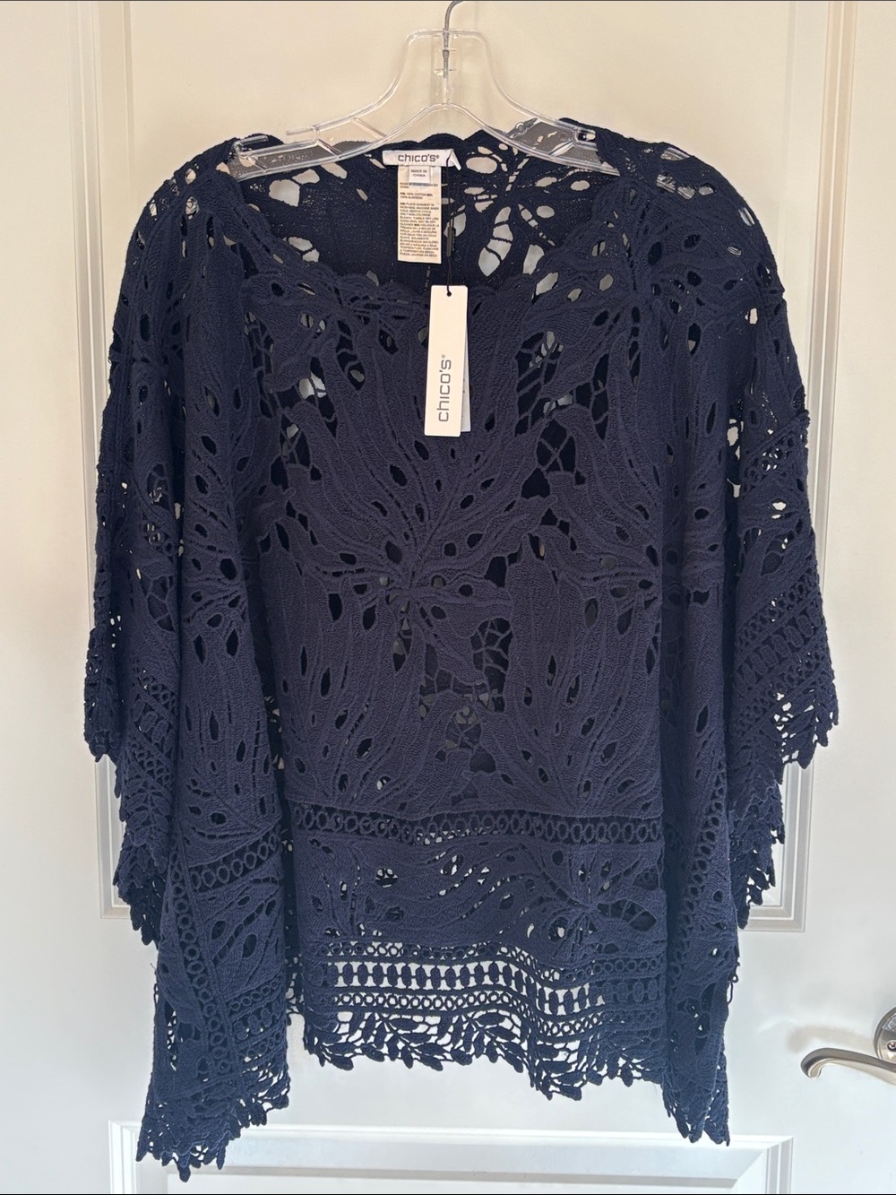 Chico's Navy Crochet Openwork Poncho Sweater